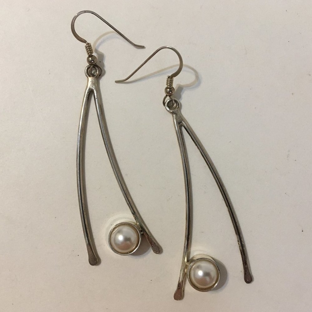 Single White Pearl Earrings Sterling Silver Handcrafted Designer Pierced Dangle